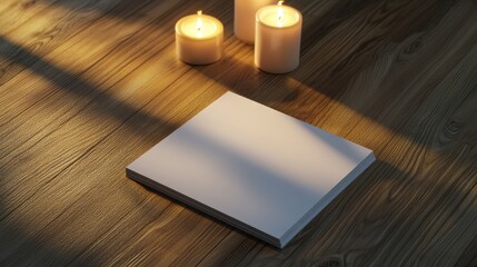Blank magazine mockup on a modern wooden table surrounded by lit candles, enhanced by soft shadow overlays for a serene ambiance