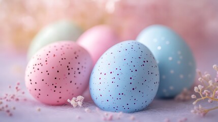Close-up of Easter eggs painted with gentle watercolor designs in pastel colors, placed against a light, soft-focus background, delicate textures, photorealistic style, vibrant yet airy look,