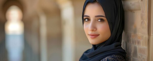 Fototapeta premium Portrait of a Young Woman Wearing a Black Hijab, Posing Near an Ancient Stone Wall, Outdoors in Soft Sunlight
