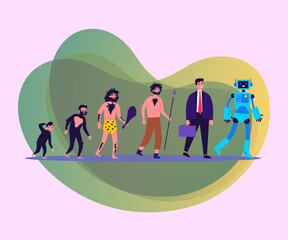 Human evolution theory flat vector illustration. Way from monkey to cyborg or robot. Cavemen as ancestors. Anthropology, reality and history concept.