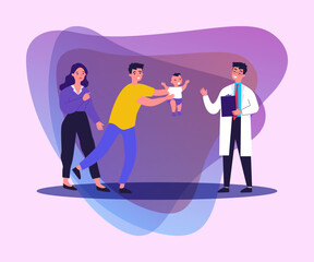 Parents going to doctor with their child. Physician greeting patient and baby crying flat vector illustration. Healthcare and hospital concept for banner, website design or landing web page