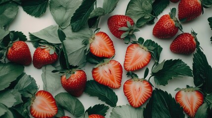 Ripe Red Strawberries and Sliced Halves Nestled Among Vibrant Green Leaves on a Clean White Background