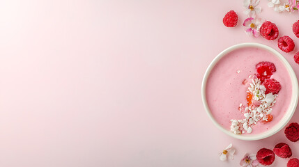 Naklejka premium delightful smoothie bowl with raspberries and flowers on pink background. This vibrant dish is perfect for refreshing breakfast or snack