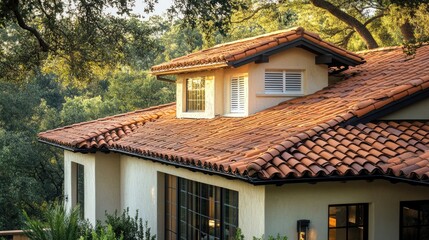 Modern residential building with a sloped red clay tile roof featuring rounded edges, complemented by a black metal dormer and white louvered details amidst lush greenery.