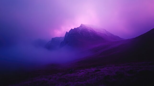 Purple mountain landscape illuminated by cosmic lighting, creating a dreamy and surreal atmosphere, perfect for wallpapers and nature enthusiasts.