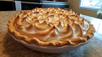 Lemon meringue pie with a golden, toasted meringue topping and a perfectly baked homemade crust set on a kitchen countertop.