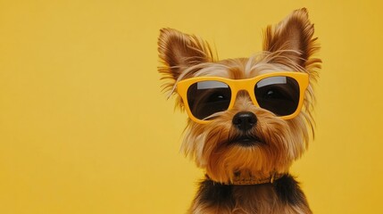 Yorkshire Terrier wearing bright yellow sunglasses, posing confidently against a vibrant yellow background, showcasing its stylish personality.