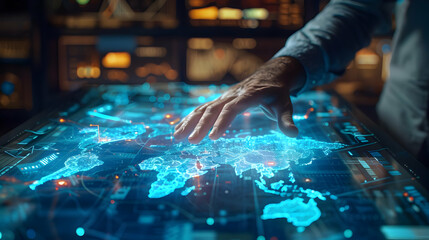 Digital Hand Interacts with Glowing World Map on Futuristic Interface; Abstract Technology Background