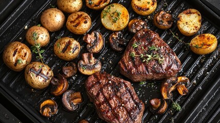 Grilled Filet Mignon with SautÃ©ed Mushrooms and Roasted Potatoes on a Grill Pan Perfect for Elegant Dinners and Outdoor Gatherings