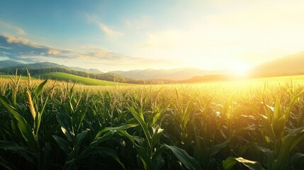 Vibrant cornfield landscape bathed in golden sunlight with rolling hills and a clear blue sky, ideal for a stunning widescreen wallpaper.