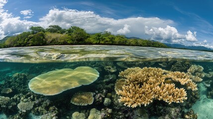 Vibrant coral reef ecosystem showcasing diverse corals, crystal-clear waters, and lush marine life in a protected conservation area under bright skies.