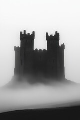 Obraz premium Mysterious Medieval Castle Shrouded in Mist with Towering Turrets and Foggy Atmosphere