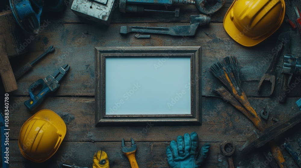 Poster a collection of tools and safety gear arranged around an empty frame on a wooden surface.