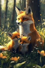Obraz premium Adorable Fox Family in Sunlit Forest Clearing Surrounded by Wildflowers and Lush Greenery