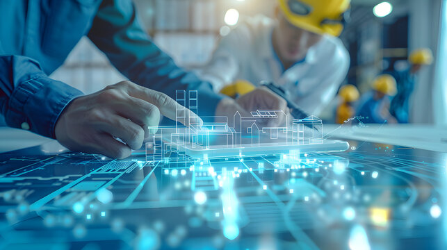 Engineer and Architect analyzing of under construction project with technology and new innovative on digital tablet and icon network of construction on virtual interface