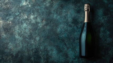 Elegant champagne bottle positioned on a dark textured backdrop, featuring ample empty space for customizable text or branding purposes.