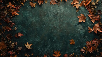 Top-down view of a dark green textured surface surrounded by colorful autumn leaves creating an inviting space for personalized text or graphics