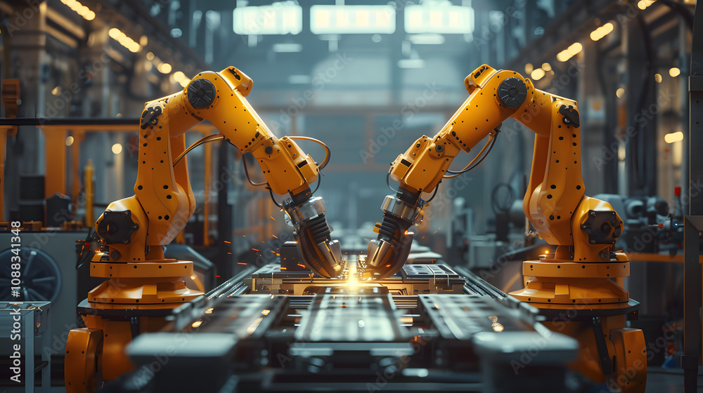 Aufkleber engineer manager checking and controling automation robot arms machine in intelligent factory indust