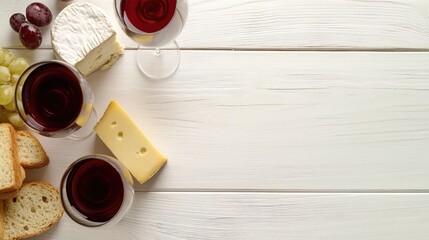 Wine and cheese platter featuring red and white wine glasses, assorted cheeses, bread slices, and fresh grapes on a rustic white wooden table