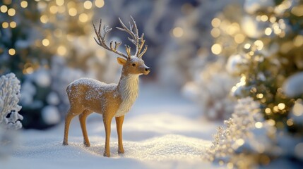 3D Deer Figurine Surrounded by Snow in a Magical Winter Scene with Glowing Lights and Delicate Snowflakes Creating a Serene Holiday Atmosphere