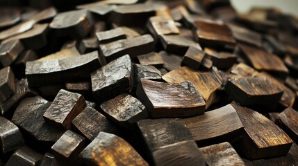 Vintage wooden type blocks intricately stacked, showcasing the rich textures and dark hues used in traditional printing techniques.