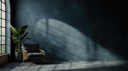 Cement studio space with dark walls, featuring a single rattan chair and a plant, illuminated by soft light and shadows for an artistic showcase.