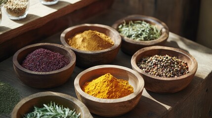 Fototapeta premium A vibrant collection of spices and herbs displayed in rustic wooden bowls, showcasing a variety of textures and colors perfect for enhancing culinary creativity and flavor.