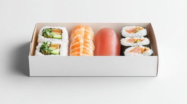 Elegant white takeout box featuring assorted sushi pieces, including rolls with salmon and cucumber, set against a clean white background.