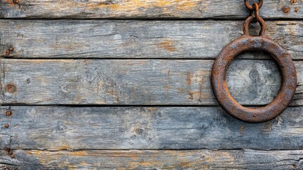 Weathered wooden pier with rustic planks and a rusted metal mooring ring, captured from an aerial perspective, showcasing texture and age.