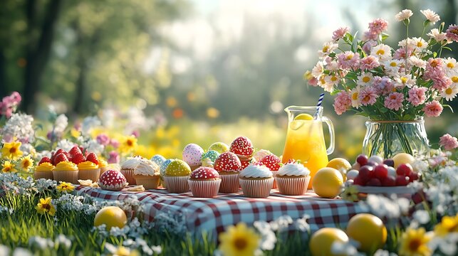 Easter eggs as a centerpiece of a spring picnic spread, surrounded by cupcakes, fresh fruit, and a pitcher of lemonade, bright and sunny meadow setting, colorful flowers, photorealistic quality,