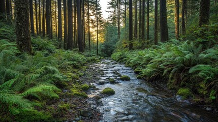 Tranquil forest scene featuring a sunlit stream surrounded by lush greenery and tall trees, capturing the serene beauty of nature at sunset.