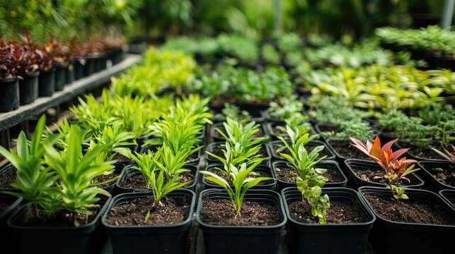 Native plant nursery filled with vibrant green seedlings in pots, promoting indigenous species for sustainable gardening and environmental conservation.