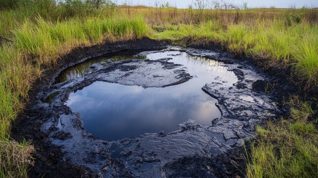 Natural tar pit surrounded by lush wetland grasses, featuring a reflective black surface and showcasing the unique landscape of the area.