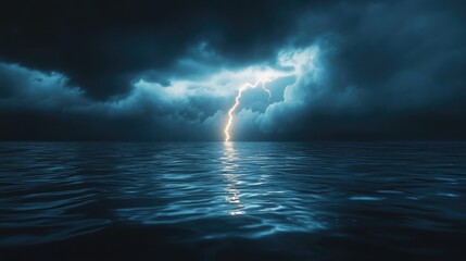 Lightning bolt illuminating a serene water surface during a storm, showcasing a striking contrast between nature's fury and tranquil beauty.