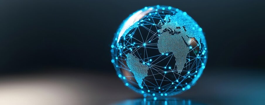 Digital globe with illuminated connections, vibrant blue tones, representing global communication and networking