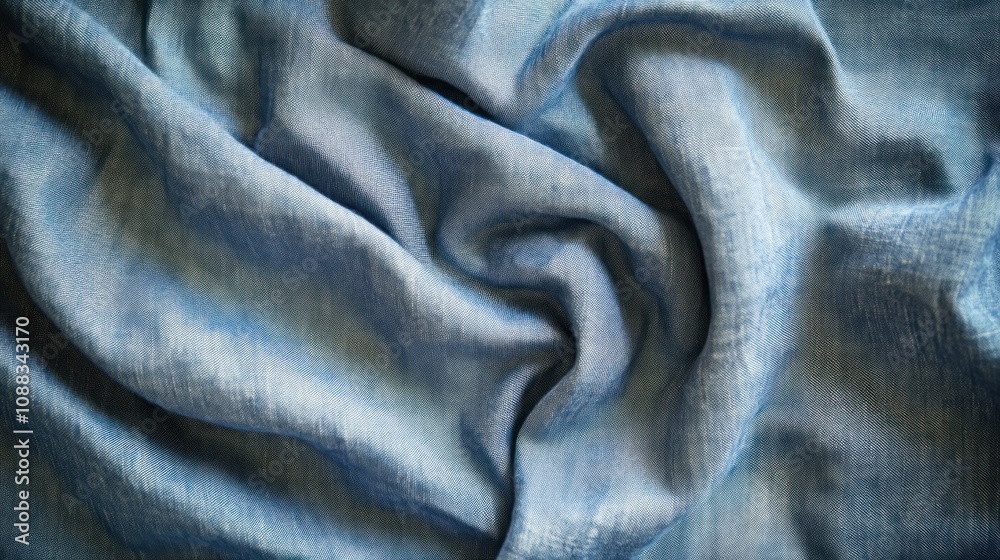 Poster a close-up of crumpled blue fabric, showcasing texture and color variations.