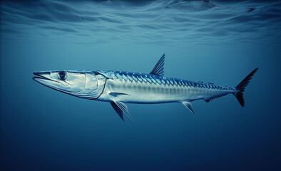 Obraz premium Majestic barracuda gliding through clear blue ocean waters at midday