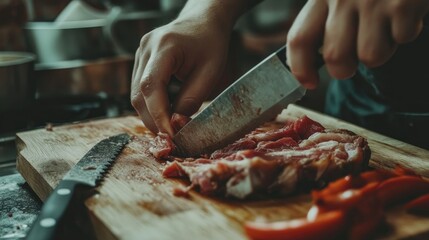 A close-up view of hands skillfully slicing raw meat on a wooden cutting board, surrounded by kitchen utensils and fresh ingredients.
