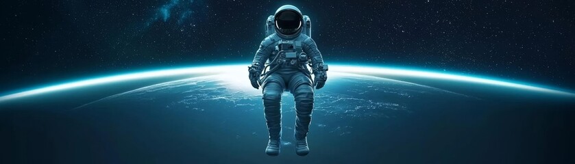 Fototapeta premium Human figure in space suit, floating near glowing planet edge, capturing the awe of cosmic exploration