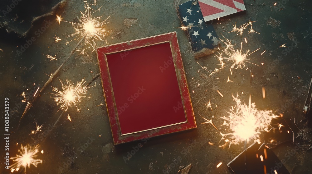 Poster a red-framed picture surrounded by sparklers and an american flag on a textured surface.