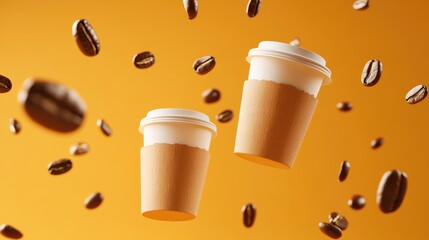 Coffee cups and floating coffee beans against a warm orange background, creating a refreshing morning vibe that inspires energy and motivation.