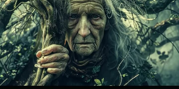 Wicked crone with a staff adorned with twisted roots, 4K Video
