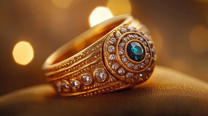 Naklejka premium Antique gold ring featuring intricate detailing and a central gemstone surrounded by sparkling diamonds, set against a warm, radiant golden backdrop.