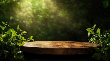 Rustic wooden podium surrounded by vibrant green foliage, illuminated by soft sunlight filtering through the trees, ideal for product displays.