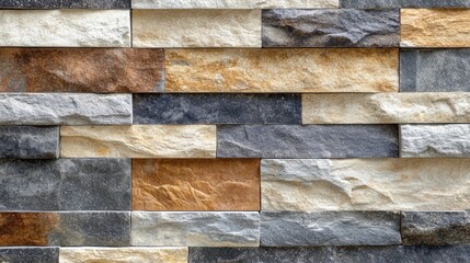 Textured stone wall featuring an array of natural stone colors including grey, cream, brown, and beige, arranged in a contemporary pattern for a rustic aesthetic.