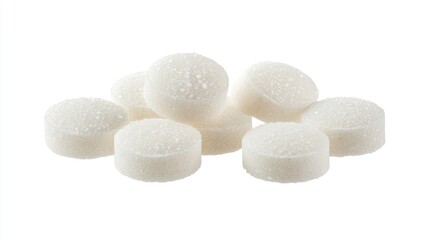 Organic white sea salt tablets stacked on a white surface, showcasing their round shape and textured surface, ideal for culinary or wellness use.