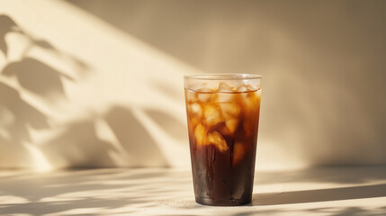 Iced coffee glass casting shadows on light background, creating serene vibe