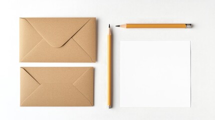 Minimalistic flat lay featuring two craft brown envelopes, a yellow pencil, and blank white card mockups arranged on a clean white table surface.