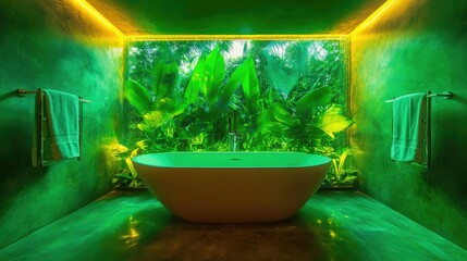 Tropical-inspired contemporary bathroom showcasing a sleek white bathtub with lush greenery and ambient green lighting.