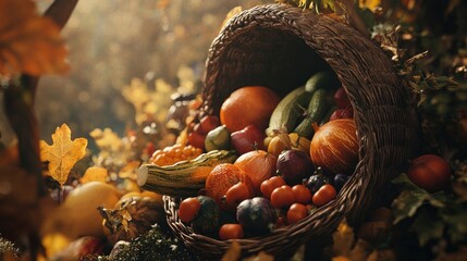 Thanksgiving cornucopia overflowing with vibrant fresh vegetables and fruits amidst fall leaves and warm autumn light